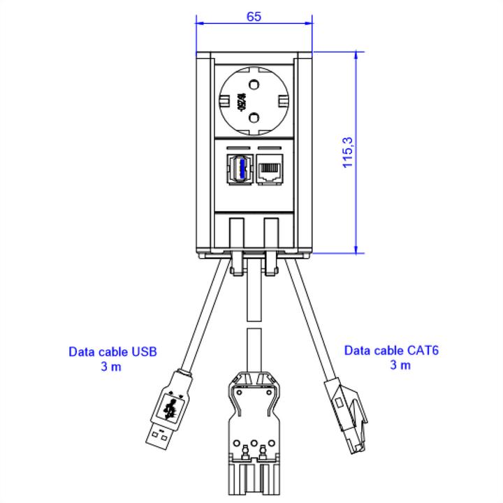 Actual product image Bachmann elevator 1x protective contact 1x cat6 1x usb 3.0 stainless steel (3x, CEE 7/7, 2 m)