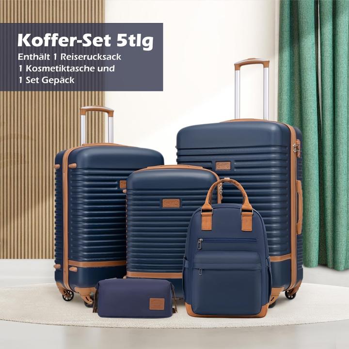 Produktbild Coolife 5-teiliges Trolley-Set mit Reiserucksack und Kulturbeutel (93 l, Handgepäck (bis 50l), M (50 - 90l), L (90 - 115l))