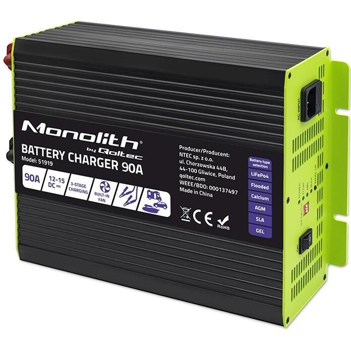 Qoltec Inteligentna profesjonalna ładowarka Monolith do akumulatorów LiFePO4 AGM GEL SLA 90A 12V, Alimentatore PC
