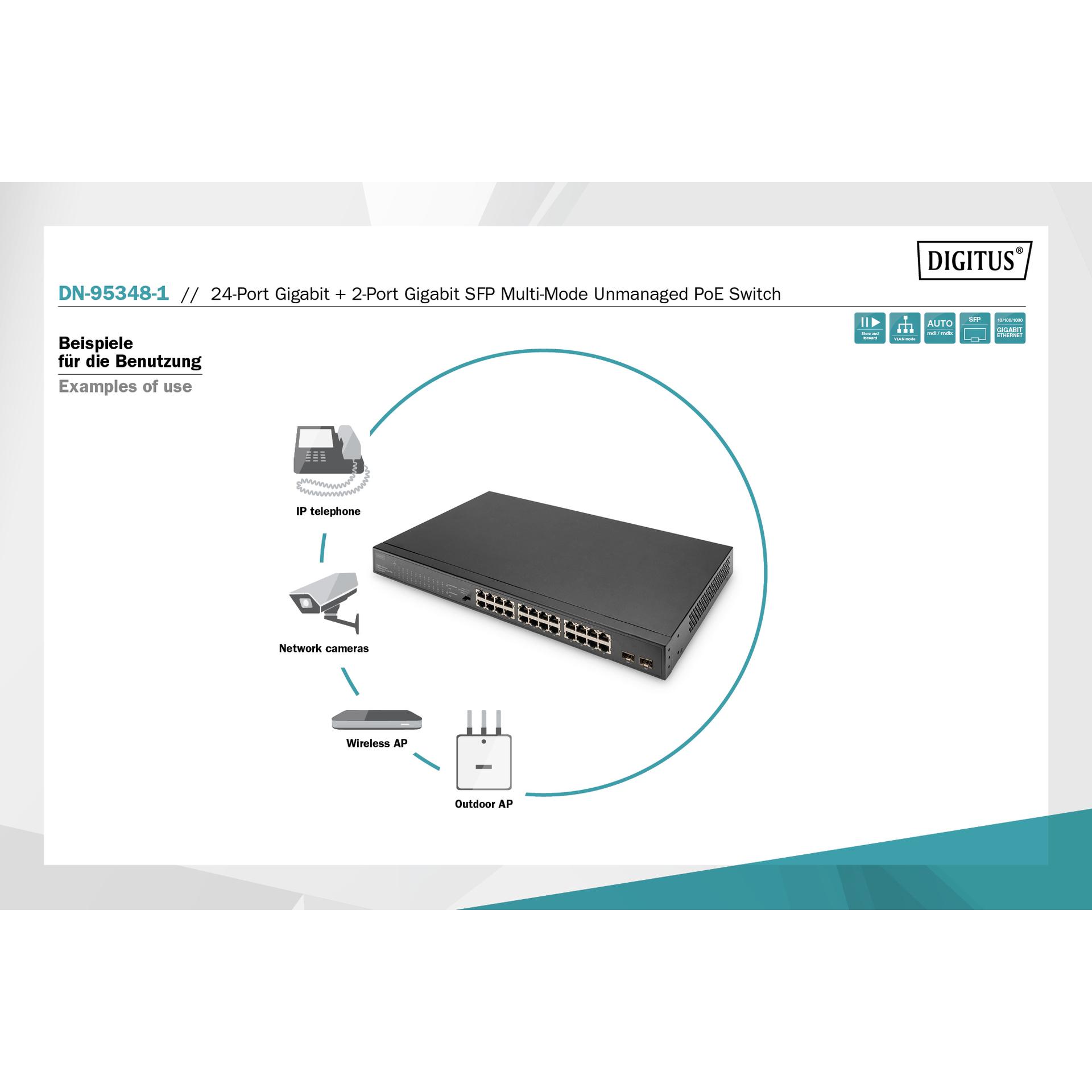 Thumbnail - Digitus 24-Port Gigabit + 2-Port Gigabit SFP Multi-Mode Unmanaged PoE Switch (24 Ports), Netzwerk Switch, Grau