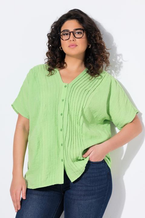 Produktbild Ulla Popken Musselin-Bluse, Oversized, Biesen, V-Ausschnitt, Halbarm (58)