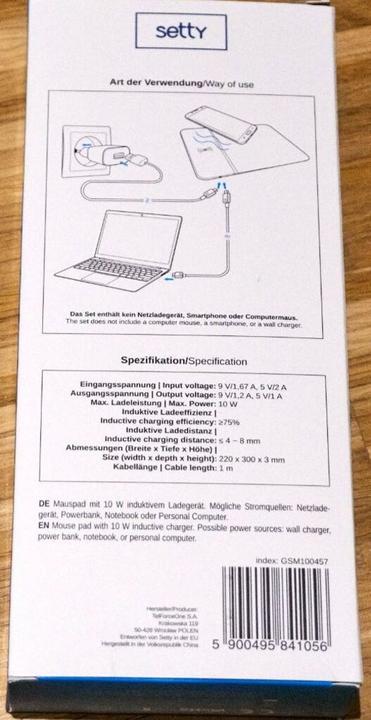 Actual product image Setty Mouse pad with Qi charging function