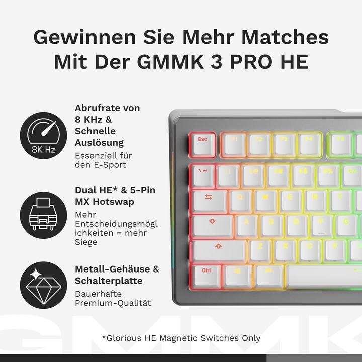 Produktbild Glorious GMMK 3 Pro HE Wireless 65 % Custom Gaming-Tastatur - Pre-Built, ANSI (US), Fox HE Switches (US, Kabellos)