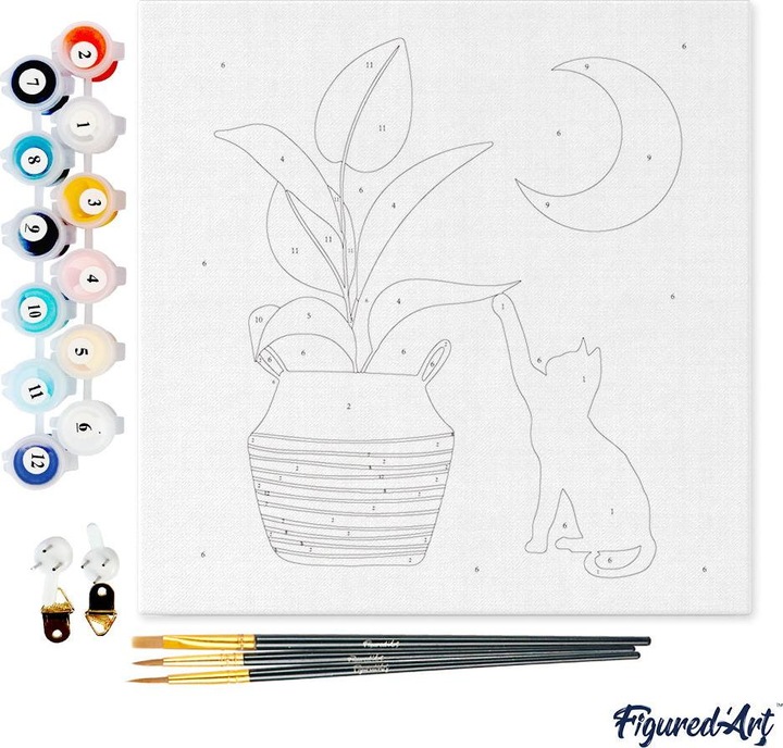 Actual product image Figured'Art Mini Paint by Numbers framed - Cat plays with plant in the Moonlight