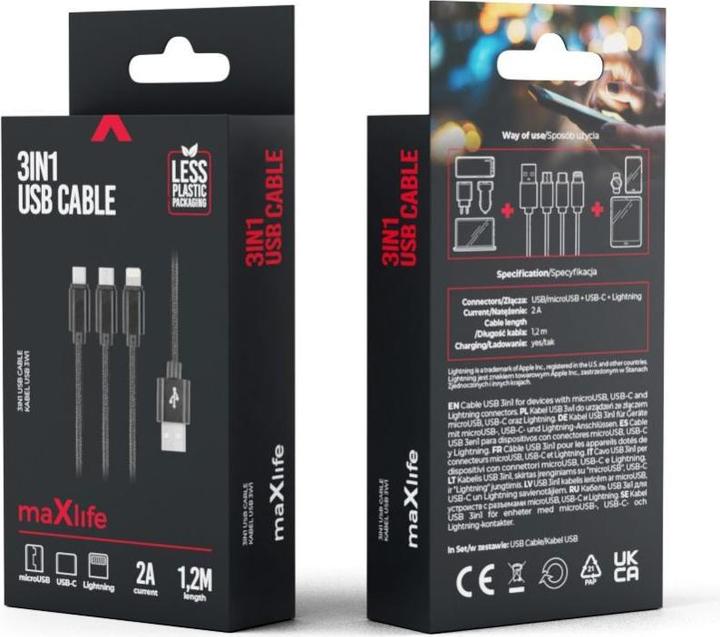 Image du produit Maxlife Câble 3en1 USB - Lightning + USB-C + microUSB 1,0 m 2,1A noir nylon (1 m, 10 W)