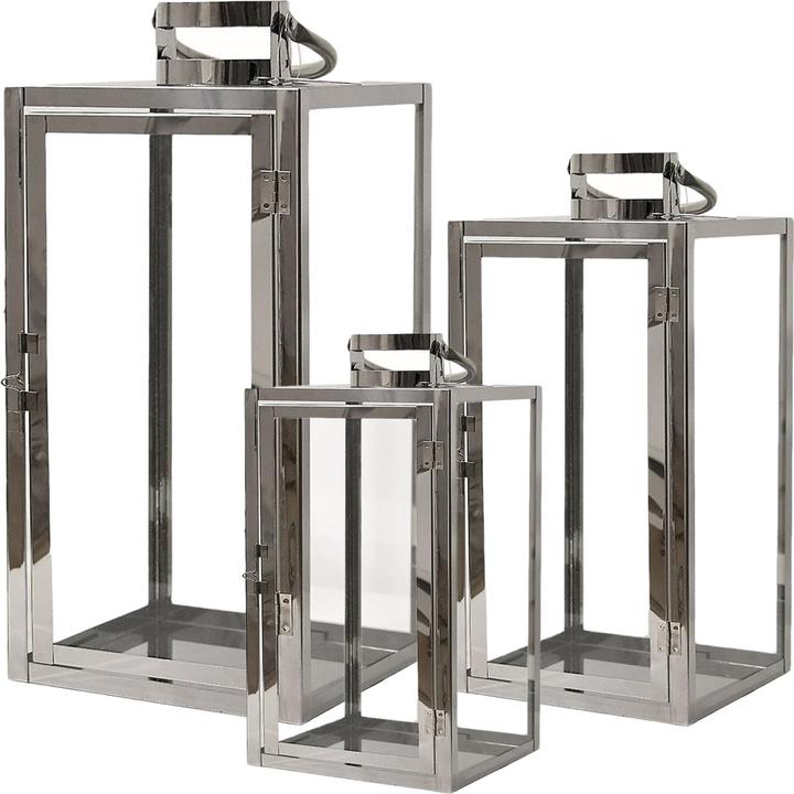 Actual product image Mojawo Set of 3 Stainless Steel Lanterns 30/40/53cm + 3 x Free LED Drop Light Chain (30, 40, 3 x)