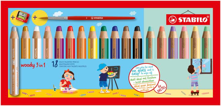 STABILO woody 3 in 1 Buntstift mit Spitzer und Pinsel (18x)