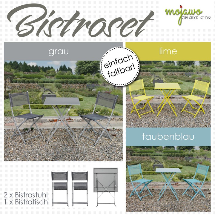 Actual product image Mojawo 3tlg Bistroset Gartenmöbelset Outdoormöbel Balkon klappbar Farbauswahl (60 cm)