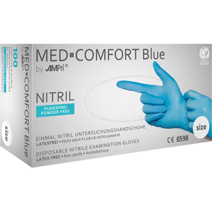 Ampri, Schutzhandschuhe, Einweghandschuhe Med Comfort Blue Grösse L blau Nitril EN 374, EN 455 PSA-Kategorie III (L)