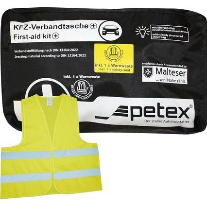 Petex, Pannenhilfe, 43939704 Plus schwarz DIN 13164:2022 inkl. Warnweste gelb EN 20471 Verband
