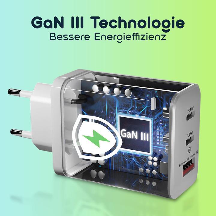 Produktbild Ideoon USB Ladegerät, 3 Ports, 65Watt, 2x USB-C und 1x USB-A, PD- & QC-Netzteil, weiss, GaN II (65 W, 3 Ports)