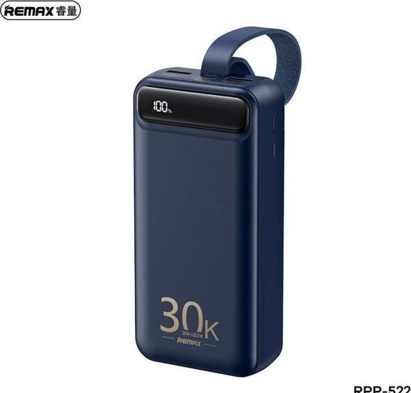 Actual product image Remax RPP-522 30000mAh Powerbank 2x USB 20W + 22.5W PD USB-C QC fast charging LCD blue (30000 mAh, 20 W, 111 Wh)