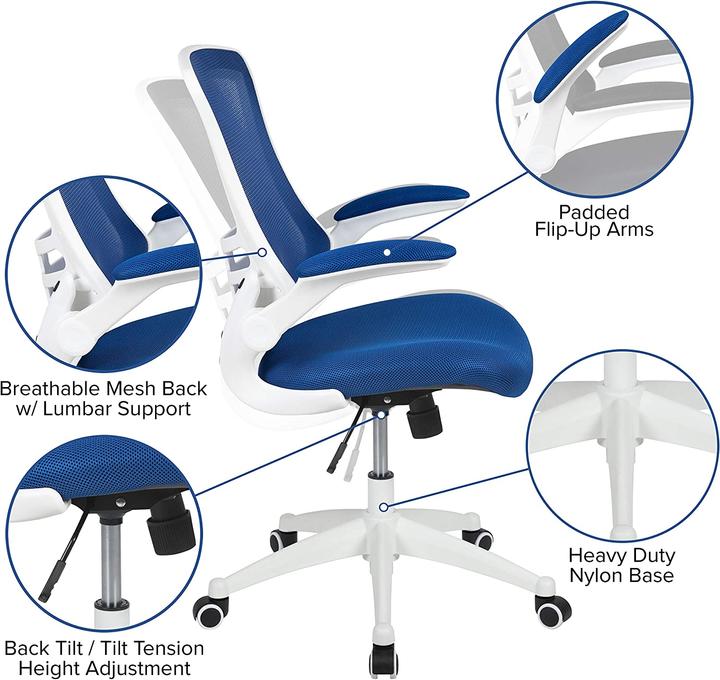Produktbild Flash Furniture Ergonomischer Schreibtischstuhl, Blauer Netzstoff, Weisser Rahmen