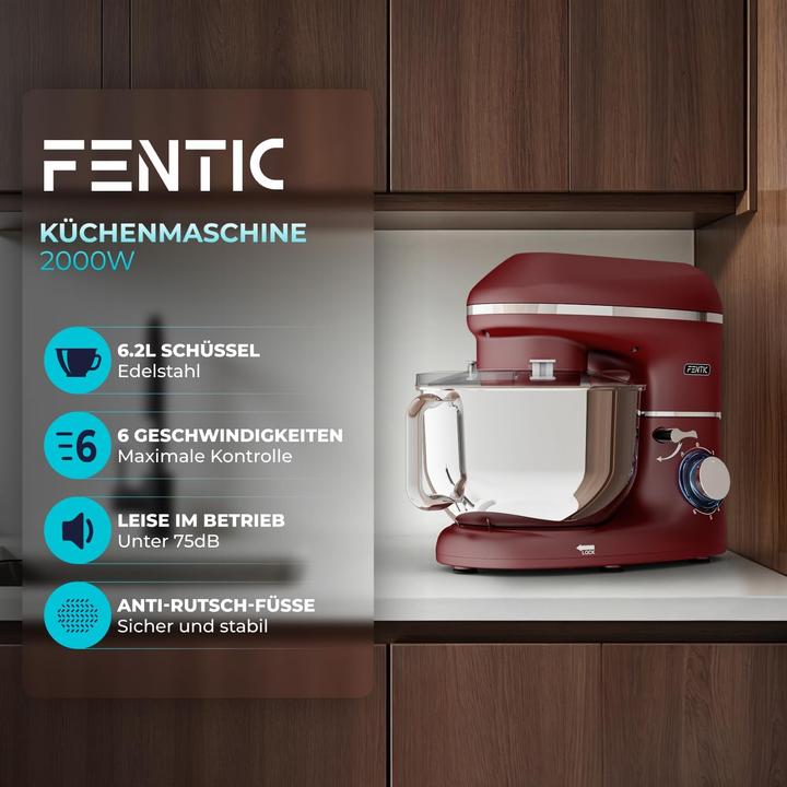 Produktbild Fentic Keukenmachine - 1500W - RVS Mengkom (6,2 L) - Keukenrobot - Mixer met Garde, Deeghaak en Menghaak - (2000 W, 6.20 l)