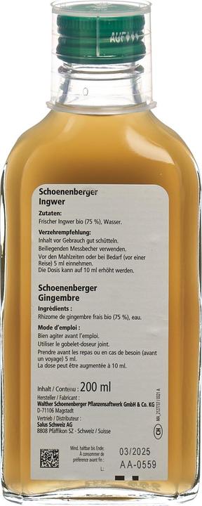 Nährwerte und Zutaten Schönenberger Ingwer naturreiner Frischpflanzentrunk Bio Saft (1 Stück, Flüssigkeit, 436 g)