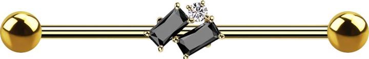 Image du produit Hollywood Body Jewelry Barbell plaqué or avec deux boules plaquées or, deux cristaux Baquett noirs et un cristal rond (Laiton, Acier chirurgical 316L)