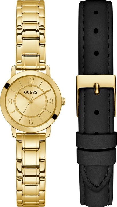 Actual product image Guess P GLD CS W/ CRYS / SUN CHAMP DL / P GLD BRCT / BLK SMTH LTR STRP Wristwatch (28 mm)
