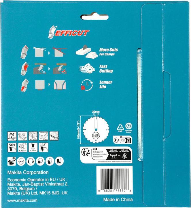 Actual product image Makita B-57336-2 TCT saw for wood/MDF/laminate 165X1.45X20mm 23° T56 EFFICUT 2 pcs.
