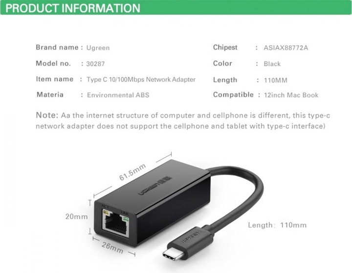 Productafbeelding Ugreen USB-C naar Ethernet Adapter voor Smartphones & Tablets (USB-C, RJ45/LAN (1x))