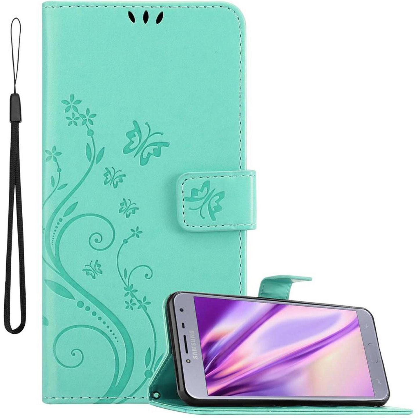 Cadorabo Flower Book Cover (Samsung Galaxy J4 (2018)), Smartphone Hülle, Türkis