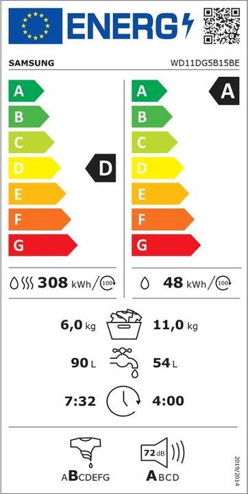 Label énergétique Samsung WD11DG5B15BEET Lave-linge séchant Crystal WiFi 116Kg Ecobubble