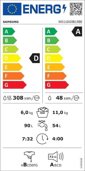 Label énergétique Samsung WD11DG5B15BEET Lave-linge séchant Crystal WiFi 116Kg Ecobubble