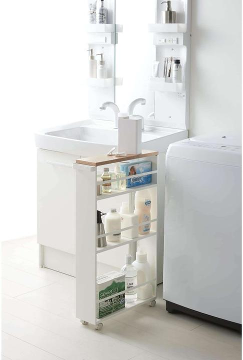 Actual product image Yamazaki Narrow trolley with wooden shelf TOWER
