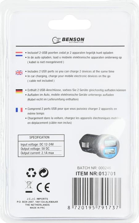 Produktbild Benson Autoladegerät 2 USB-Anschlüsse 2,1A 12-24V