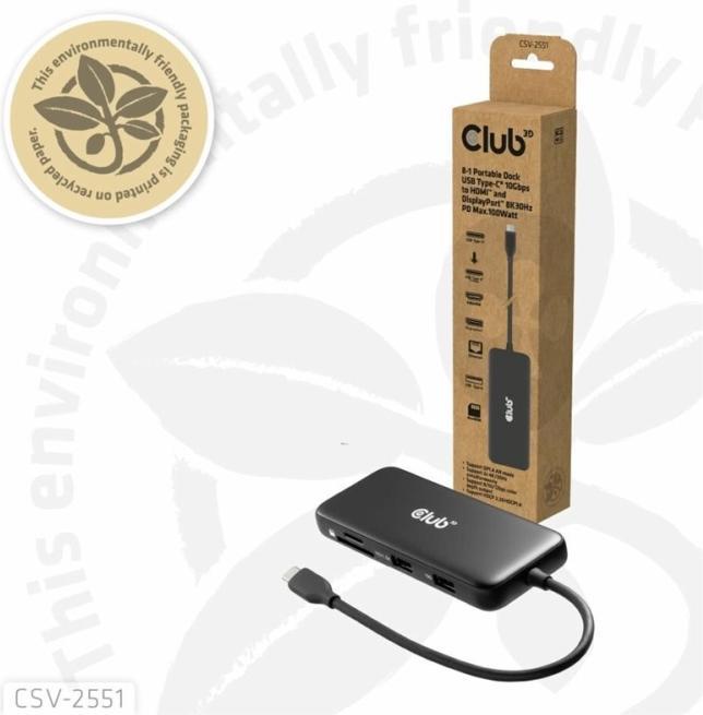 Produktbild Club 3D Club3D USB-C 8-in1-HUB > DP/HDMI/USB-C/RJ45 8K30Hz PD100W retail (USB-C, 8 Ports)