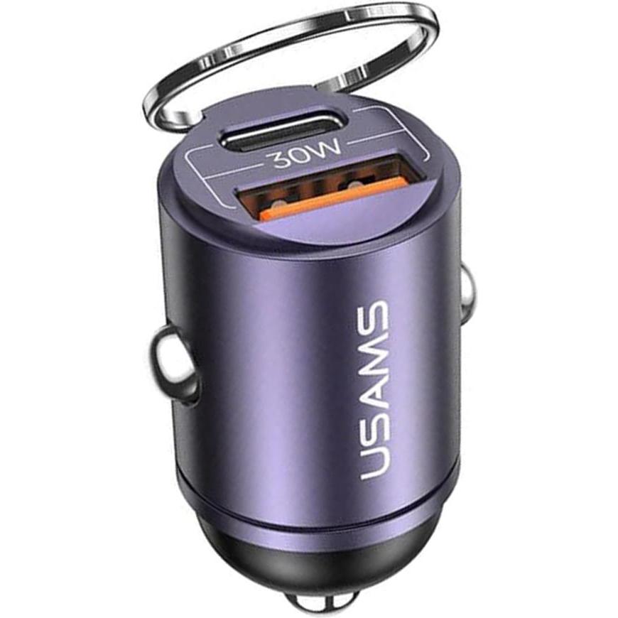 Usams 1xUSB+1xUSB-C C38 30W PD Fast Charge z wbudowanym pieścieniem fioletowy/purple CC206 (30 W), Caricatore USB, Viola