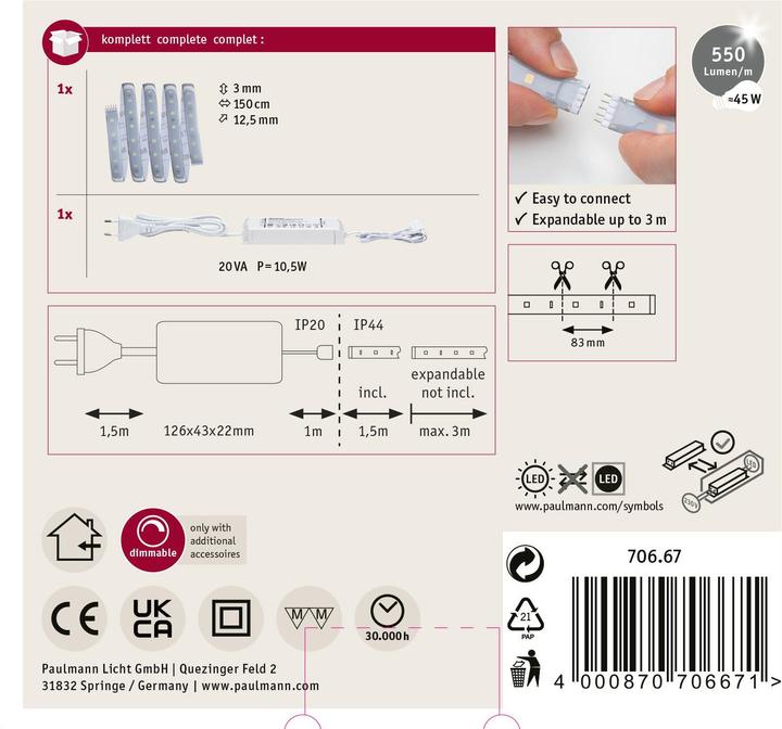 Immagine prodotto Paulmann Set di strisce MaxLED 500 (Bianco freddo, 150 cm, Interno)
