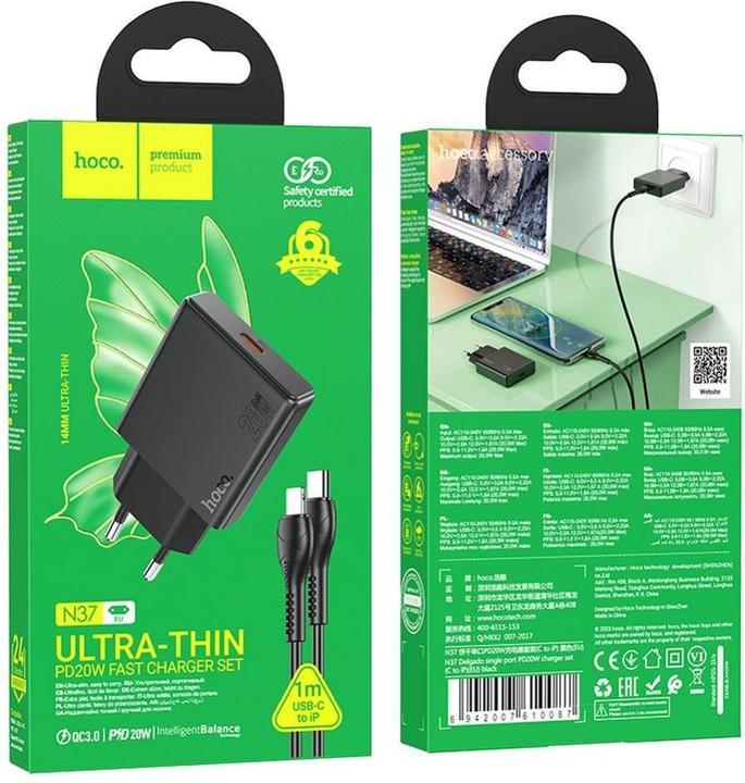 Image du produit Hoco Adapter slim wall charger Type C + cable Type C to Lightning PD QC 30W N37 black (30 W, 1 portion)
