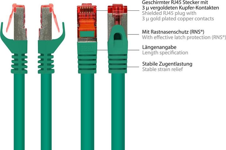 Actual product image Good Connections RNS® patch cable with snap-in lug protection, Cat. 6, S/FTP, PiMF, PVC, 250MHz, green, 3m (S/FTP, CAT6, 3 m)