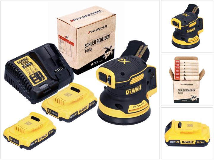 1x levigatrice rotorbitale a batteria DCW 210, 2x batteria DCB 183 18 V 2.0 Ah, 1x caricatore DCB, 1x set di dischi abrasivi Toolbrothers TURTLE 125 mm (10x P40, 10x P60, 10x P80, 10x P120, 10x P180, 10x P240)