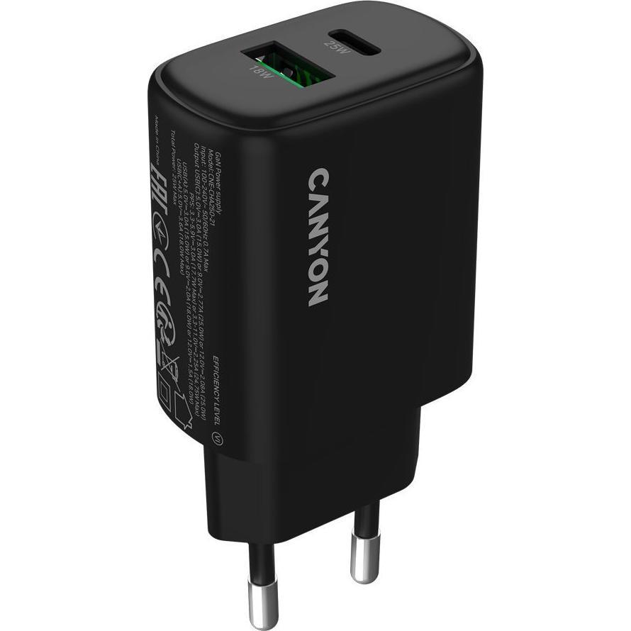 Canyon Adapter charger OnCharge 250 25W 1xPD 1xQC EU Black (25 W), Caricatore USB, Nero