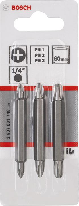 Produktbild Bosch Professional Zubehör Doppelklingenbit-Set, 3-teilig, PH1, PH1, PH2, PH2, PH3, PH3, 60 mm (Kreuz Phillips PH)