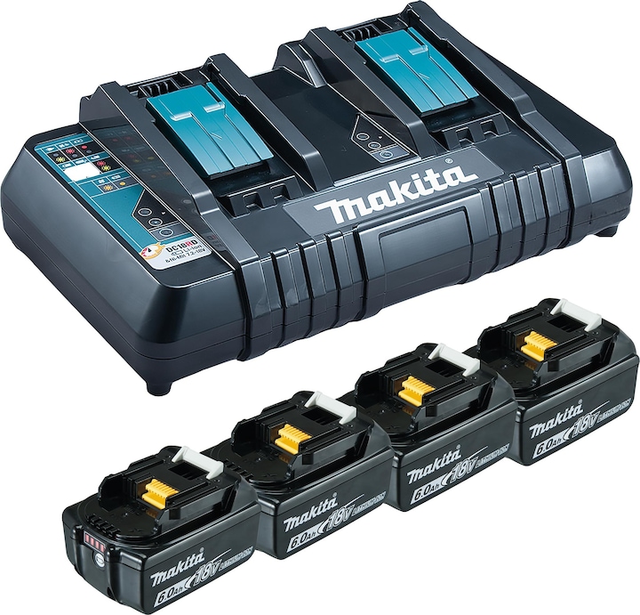 1x Makita DC 18 RD Doppel Schnellladegerät 14,4 V - 18 V LXT ( 196933-6 ) - 4x Makita BL 1860 B 18 V 6,0 Ah Akku