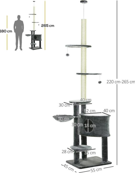 Image du produit PawHut Arbre à chat avec grotte (260 cm, Gris foncé)