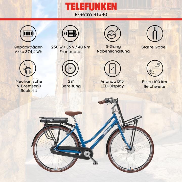 Produktbild Telefunken RT530, City E-Bike, Motor power 250 W, Wheel size 28 ", Warranty 24 month(s), Blue (49 cm)
