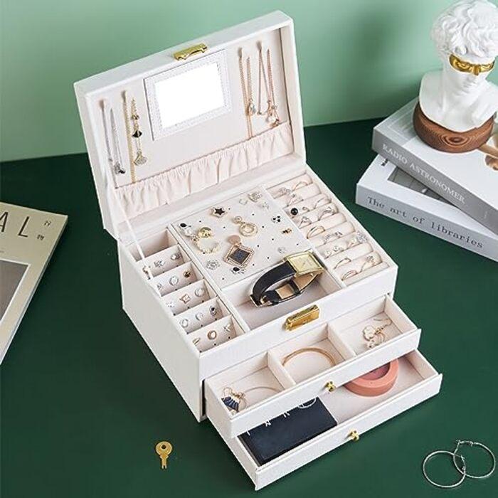 Produktbild Only-Bags.Store Schmuckkästchen mit 3 Ebenen, 2 Schubladen Schmuckkästchen PU-Leder-Schmuckaufbewahrung