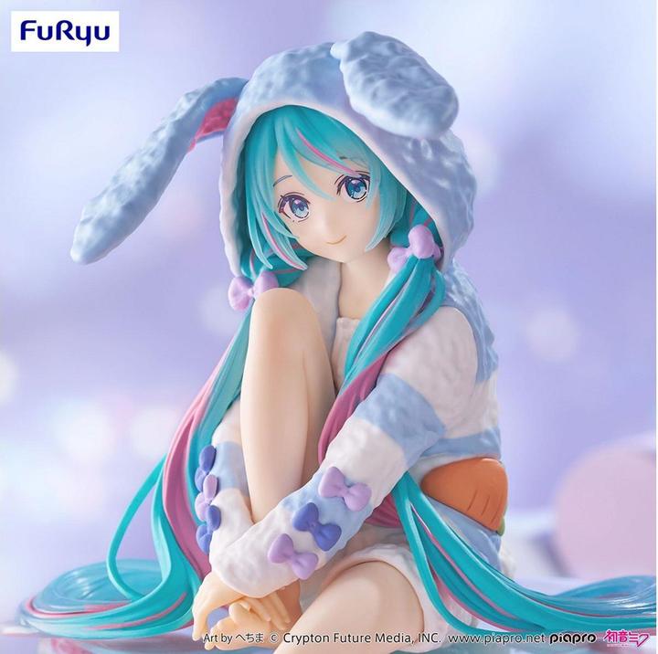Actual product image Furyu Hatsune Miku Noodle Stopper PVC Statue Hatsune Miku Rabbit Ear Hood Pajama Blue Color Ver. 14 cm