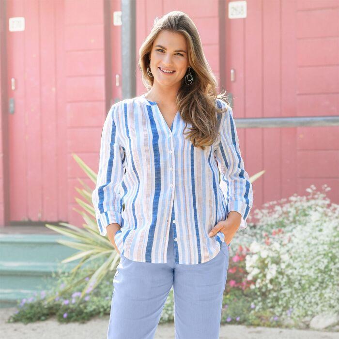 Immagine prodotto Artime Damen Leinenbluse mit 3/4-Ärmel blau (L)