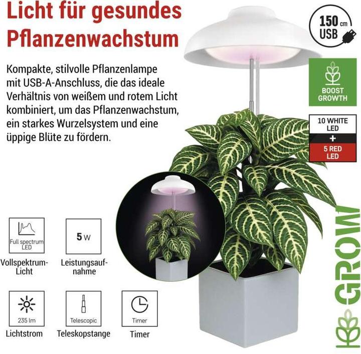 Immagine prodotto Emos Pflanzenlampe LED Vollspektrum, 15 LEDs, für Innenräume, mit Zeitschaltuhr (LED, 5 V)