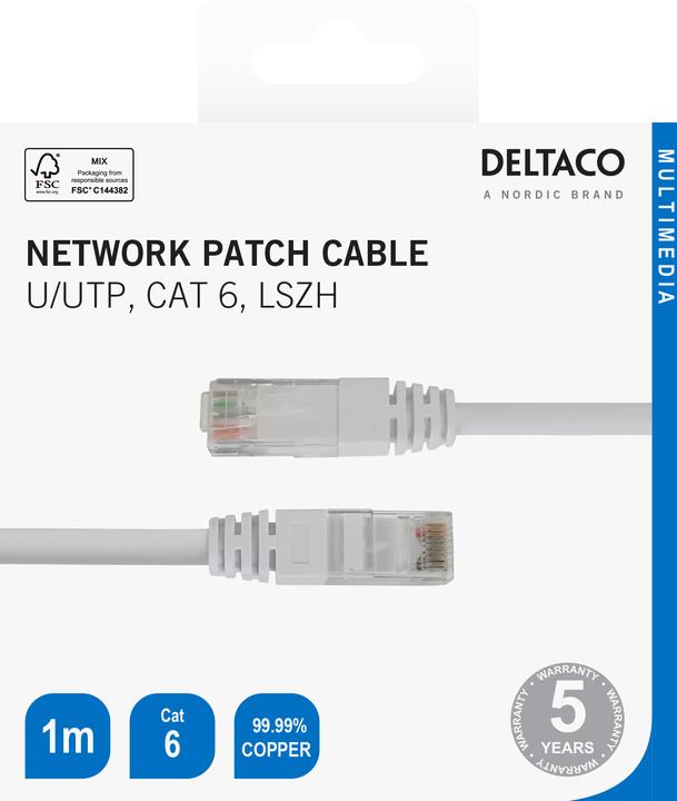Actual product image Deltaco U/UTP Cat6 patch cable LSZH 1m vit (U/UTP, CAT6, 1 m)