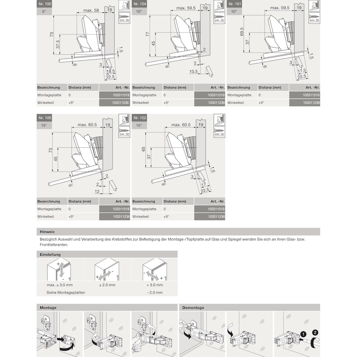 Actual product image Blum Pot hinge CLIP top BLUMOTION CRISTALLO for glass and mirror doors