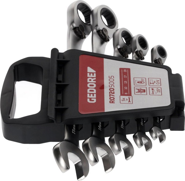 Productafbeelding Gedore Red Combinatie ratel steeksleutelset omkeerbaar. metrisch 5 stuks (19 mm, 8 mm, 15 mm, 7 mm, 10 mm)
