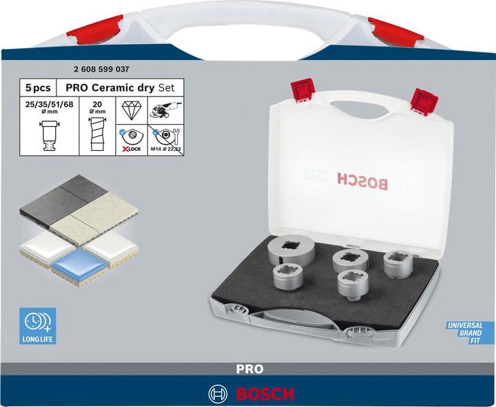 Produktbild Bosch Professional Zubehör PRO Ceramic dry X-Lock Bohrkronen-Set, 68 x 33, 51 x 33, 35 x 33, 25 x 33, 20 x 33 mm, 5-tlg. (68 mm, 51 mm, 25 mm, 20 mm, 35 mm)