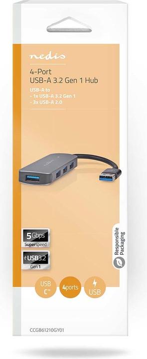 Productafbeelding Nedis USB-hub USB-A stekker - 4x USB A, 4 poort(en), USB 2.0 / USB 3.2 Gen 1, voeding via (USB-A, 4 ports)
