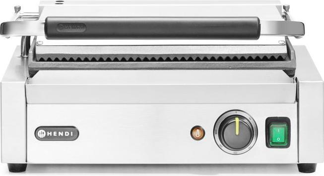 Actual product image Hendi Panini grill, top grooved, bottom smooth