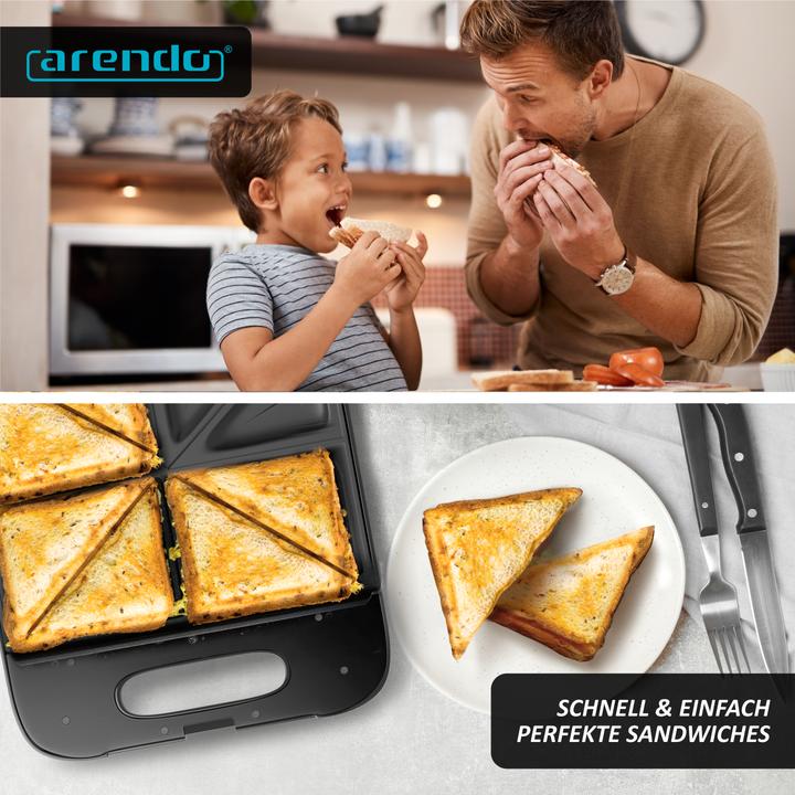 Produktbild Arendo Sandwichmaker XXL für 4 Sandwiches, 1400 W, Sandwichtoaster für grosse Toasts, Antihaftbeschichtet